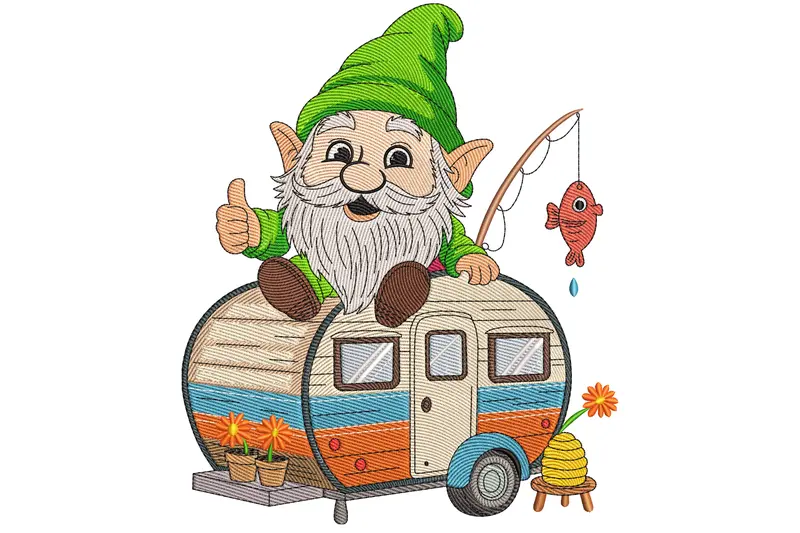 Camping Gnome with Trailer Embroidery Design
