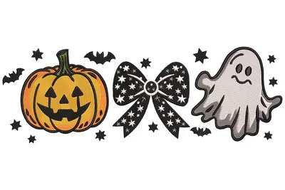 Free Halloween Pumpkin Ghost and Bow Embroidery Design