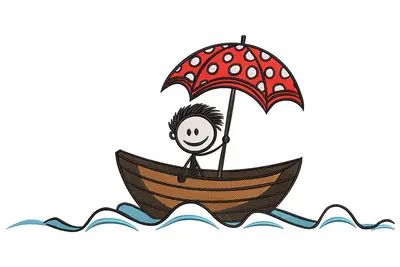 Free Stick Figure Boy in Boat Embroidery Design with Umbrella
