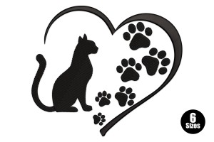 Cat and Paw Heart Machine Embroidery Design