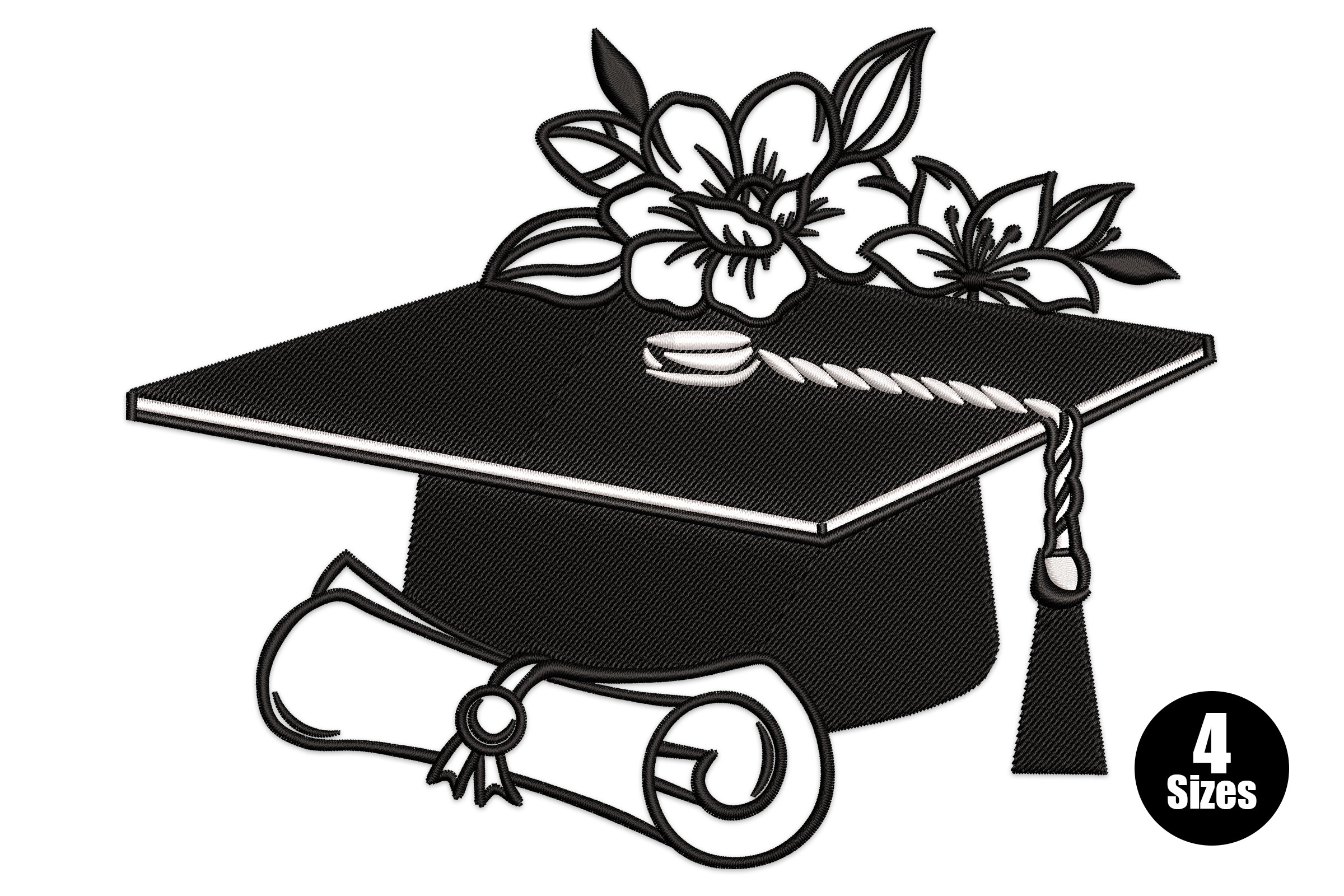 Graduation Cap with Flowers Embroidery Design