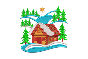 Winter Cabin in Forest Machine Embroidery Design